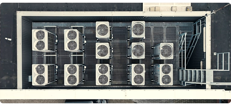 LG HVAC rooftop air conditioning system Netherlands industrial cooling units metal platform commercial ventilation setup
