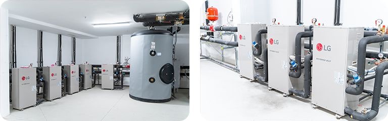 Two visuals illustrating a room containing water heaters alongside an array of pipes, highlighting the plumbing setup.