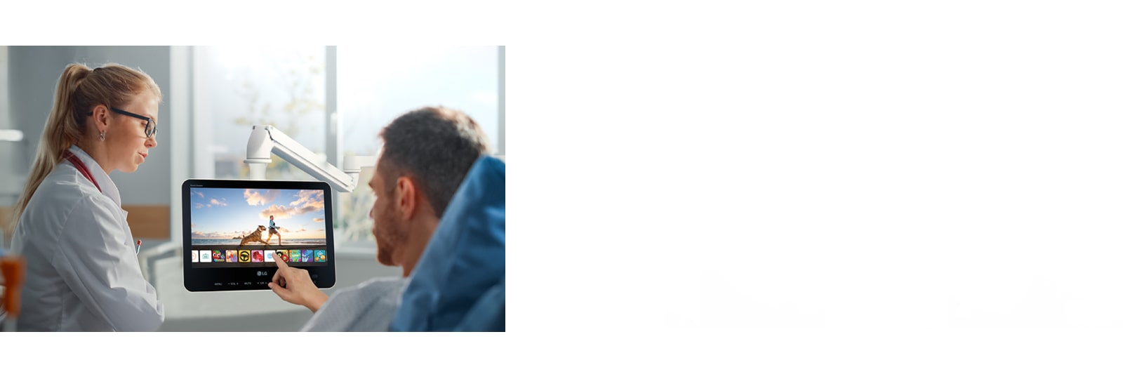 The patient is easily controlling his personal TV using touch, lying in the bed. 