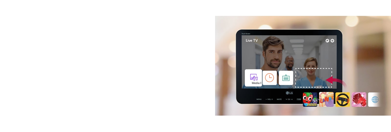 Various apps such as games, web browsers, or clocks are shown on the TV launcher. 