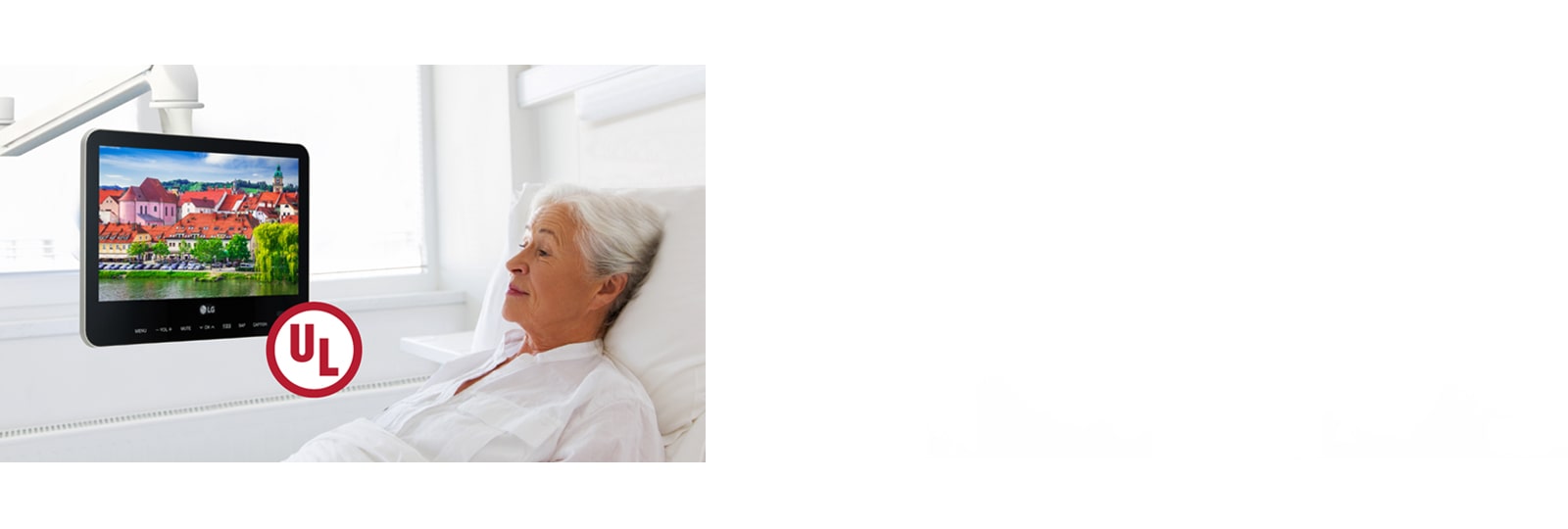 The patient is lying in the bed and watching the UL-listed TV.