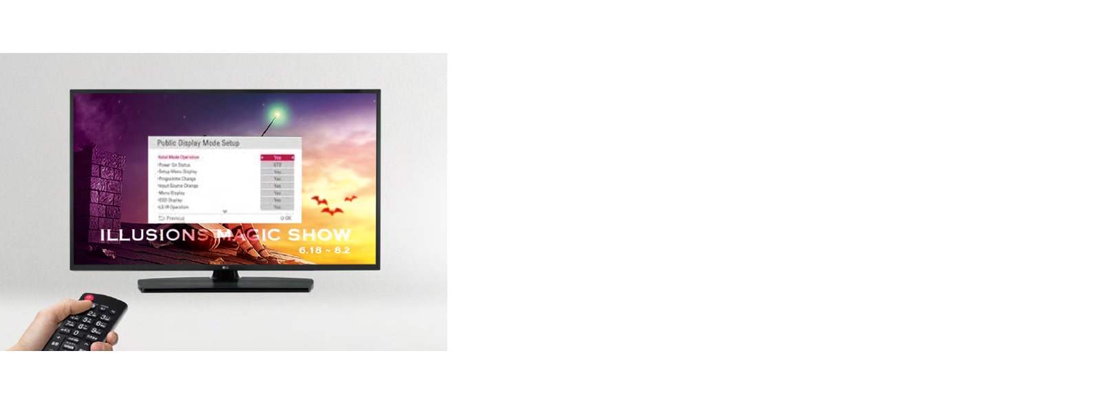 A person is controlling the TV settings with Public Display Mode. 