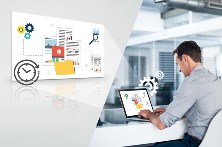 A man is checking a status of LG Commercial TV right away with Remote Diagnostics.