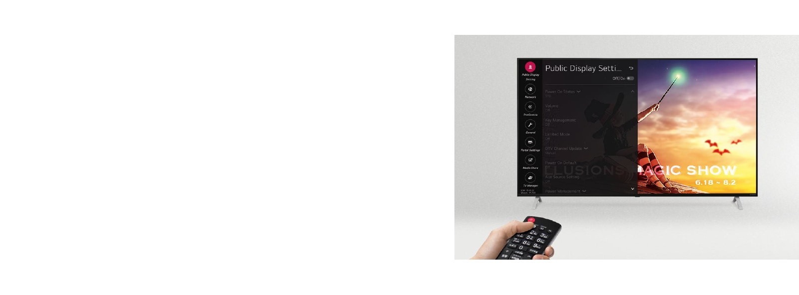 A person is controlling the TV settings with Public Display Mode.