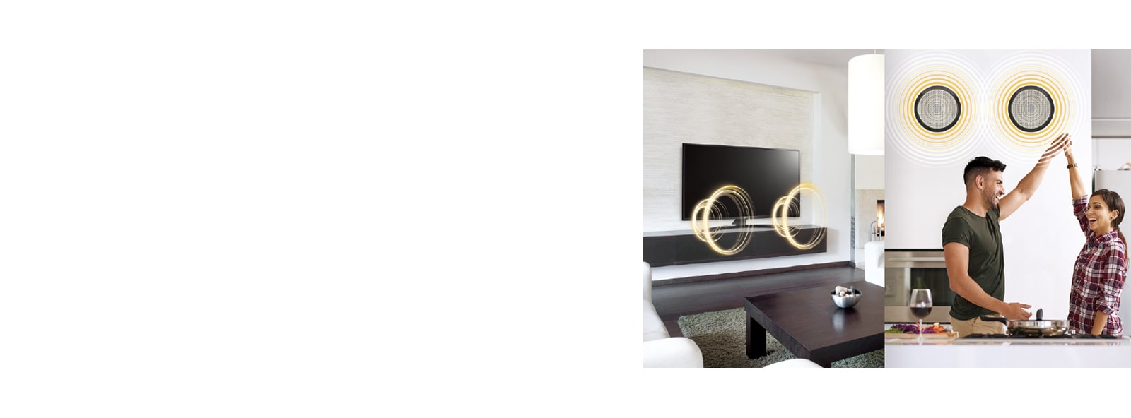 A TV is making sounds in one space, and a man and a woman are listening the sound of TV through external speakers in another space in a hotel room.