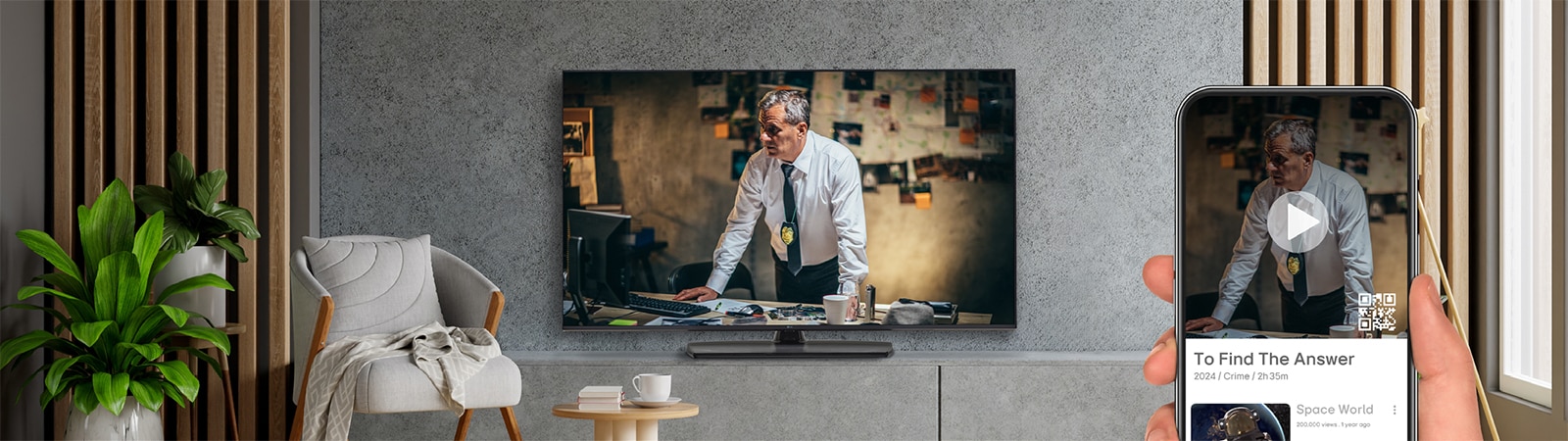 A hotel guest is using OTT services by pairing their smartphone with the in-room TV through QR code login.