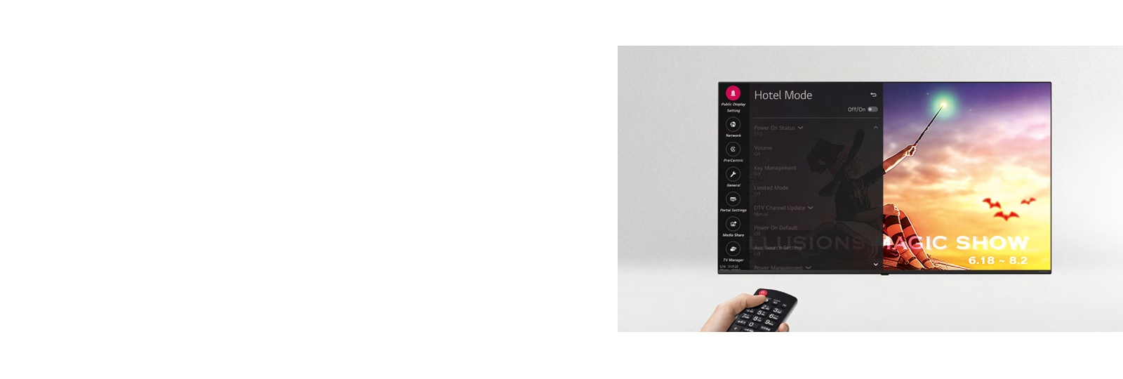 A person is controlling the TV settings with Hotel Mode.