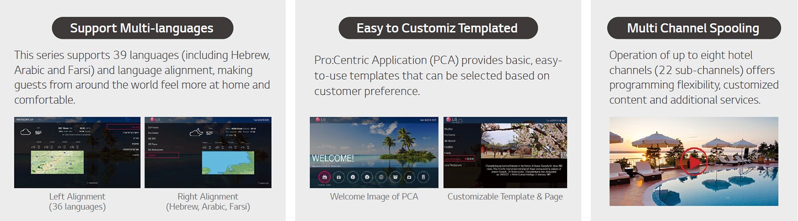 There are two displays with language features. One is with left alignment and the other one is with right alignment. It shows a template screen for the Pro:Centric application that users can easily edit. The screen with content about a resort hotel is paused.