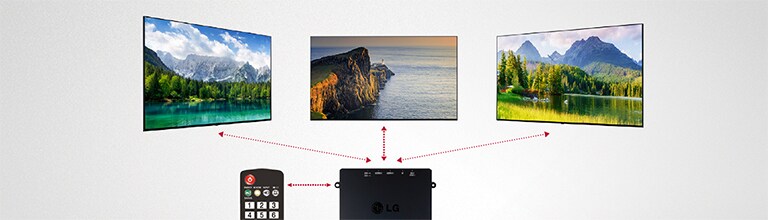 A set-top box with a remote control is controlling several LG Commercial TVs.