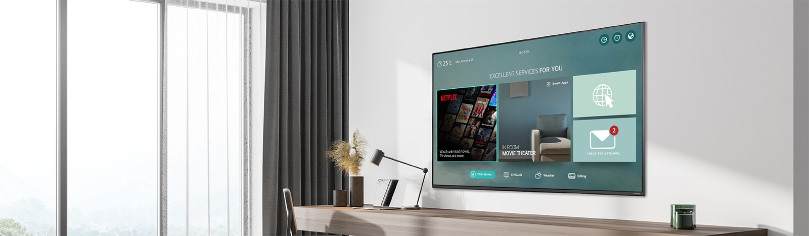 The hotel content including Netflix App is shown on TV inside the hotel room.