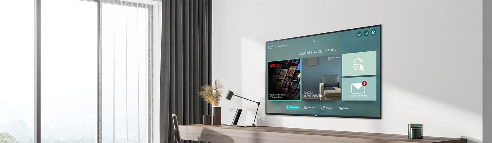 The hotel content including Netflix App is shown on TV inside the hotel room.