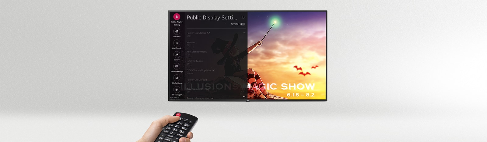 A person is controlling the TV settings with Public Display Mode (Hotel Mode).