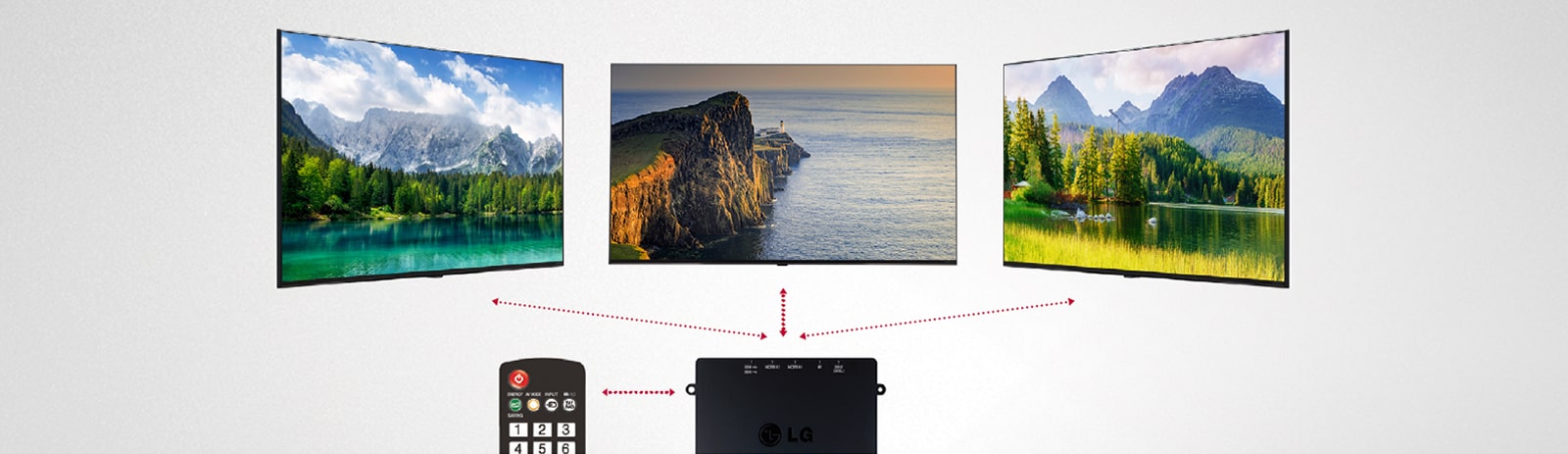 A set-top box with a remote control is controlling several LG Commercial TVs.