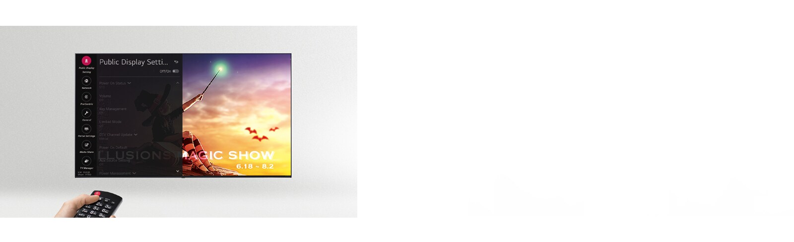 A person is controlling the TV settings with Public Display Mode (Hotel Mode).