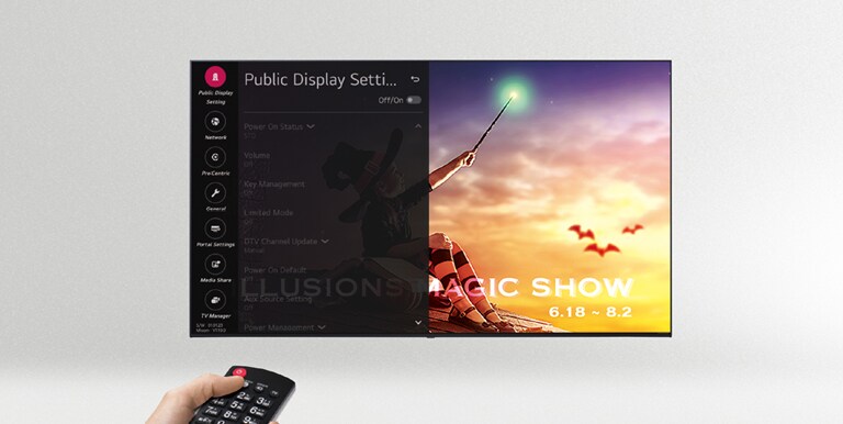A person is controlling the TV settings with Public Display Mode (Hotel Mode).