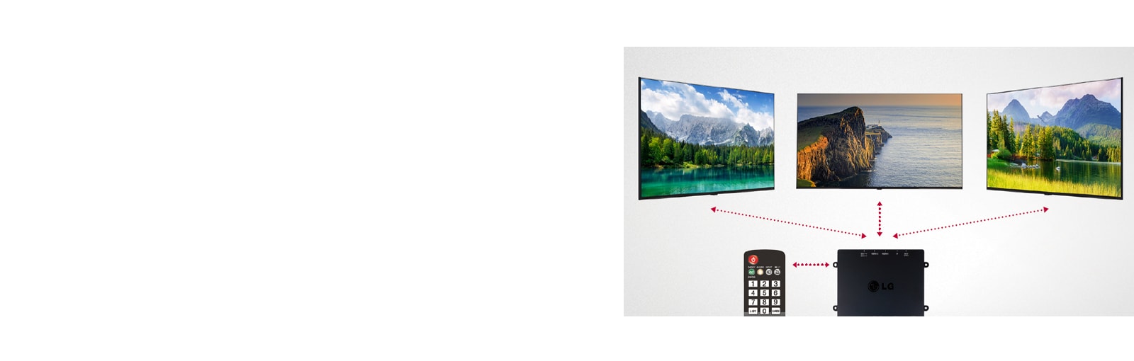 Um set-top box com controle remoto está controlando várias TVs comerciais da LG.