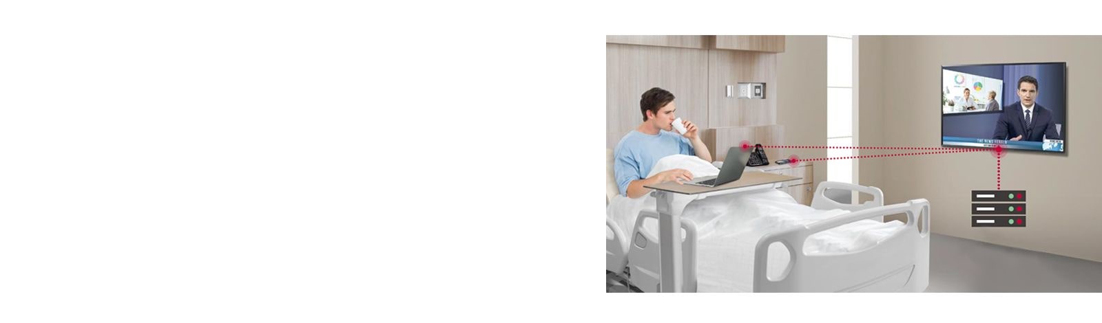The patient on the bed is using his laptop and mobile phone by connecting a Wi-Fi from the TV SoftAP feature. 