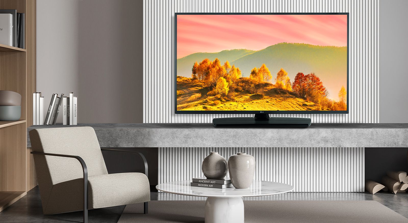 A TV on a hotel’s wall shows a bright and vivid screen.