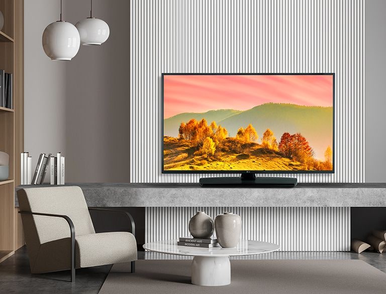 A TV on a hotel’s wall shows a bright and vivid screen.
