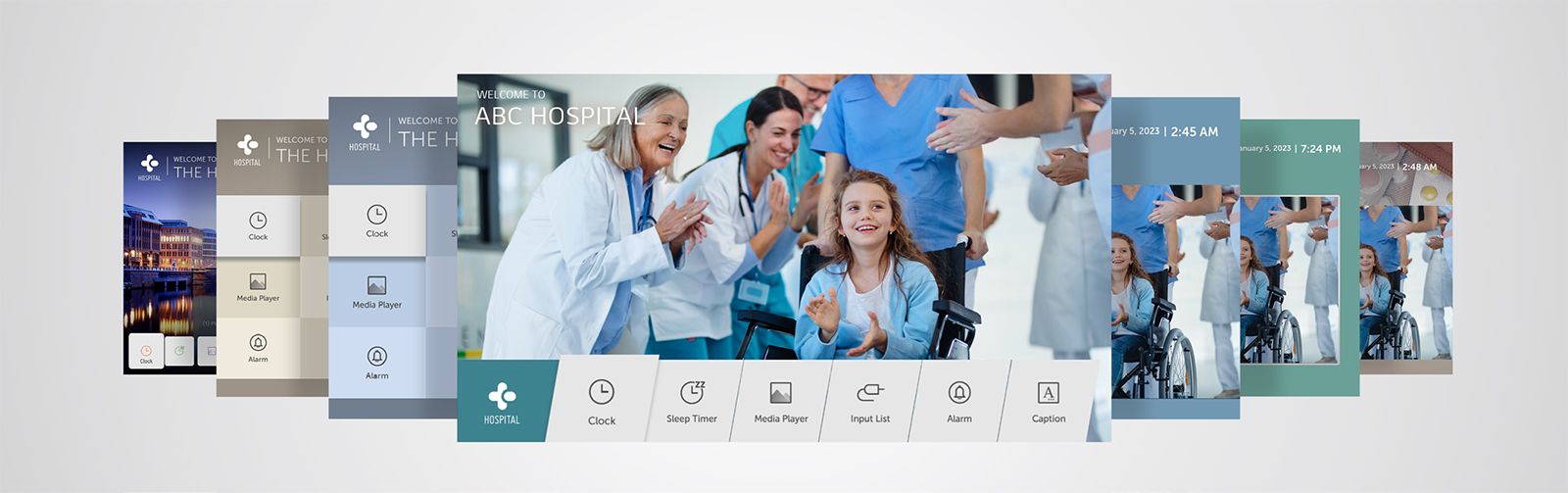 Various hospital-specific TV templates are being shown.