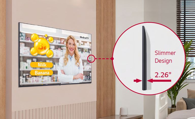 The UN672M TV is harmoniously installed on the hospital room’s wall, and the side view is enlarged to show that it has become thinner.