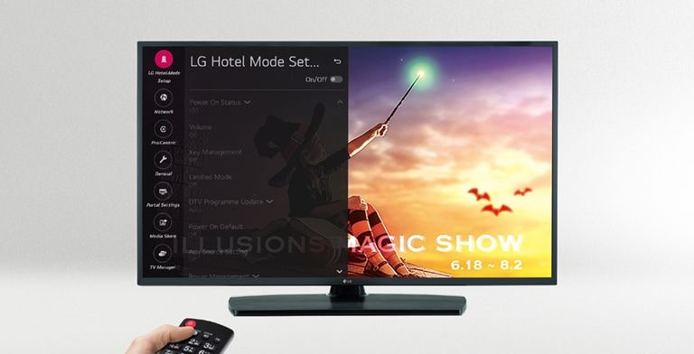 A person is controlling the TV settings with Public display mode.