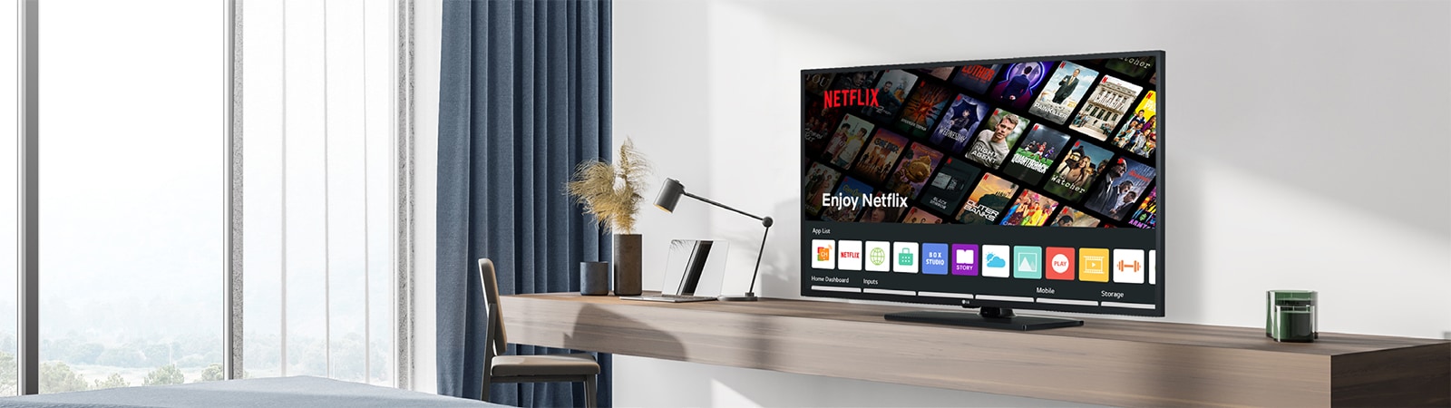 The hotel content including the Netflix App is shown on TV in the hotel room.