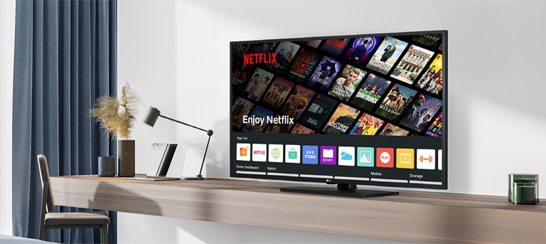 The hotel content including the Netflix App is shown on TV in the hotel room.