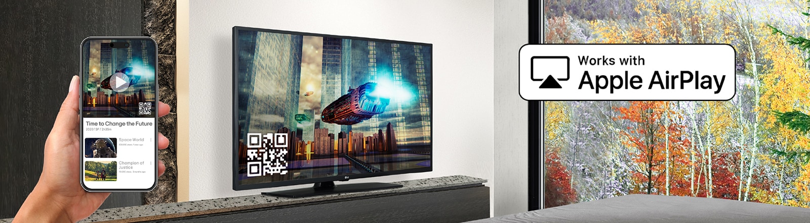 A hotel guest is pairing their iPhone with the in-room TV through AirPlay.