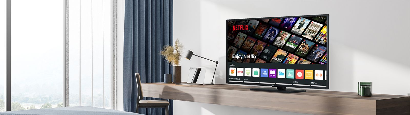 The hotel content including Netflix App is shown on TV inside the hotel room.