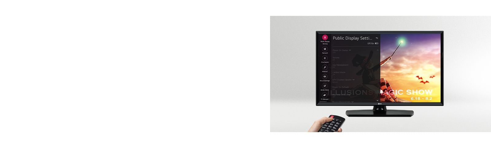 A person is controlling the TV settings with Public Display Mode(Hotel Mode).