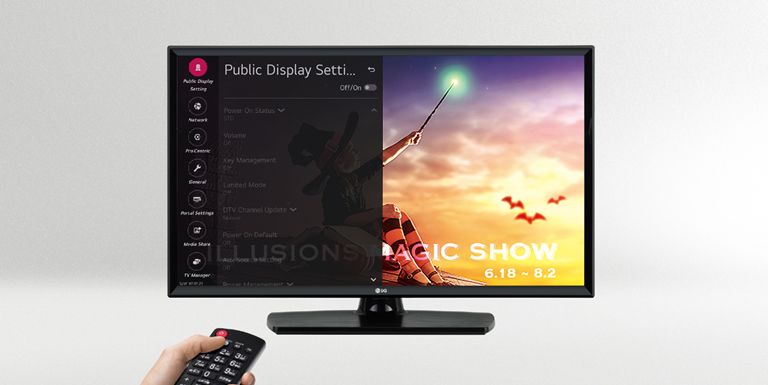 A person is controlling the TV settings with Public Display Mode(Hotel Mode).