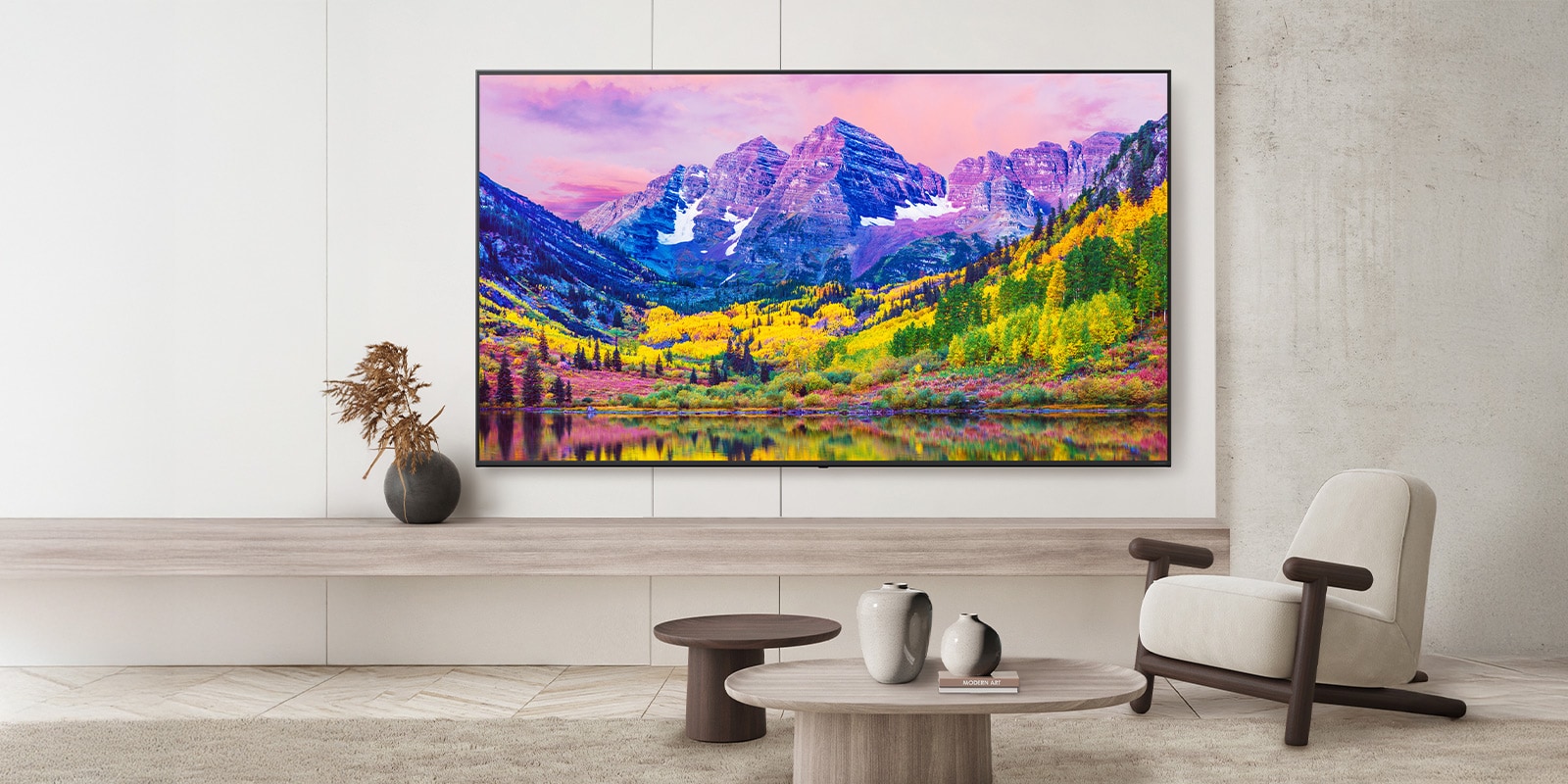 A TV on a hotel wall shows a bright and vivid screen.