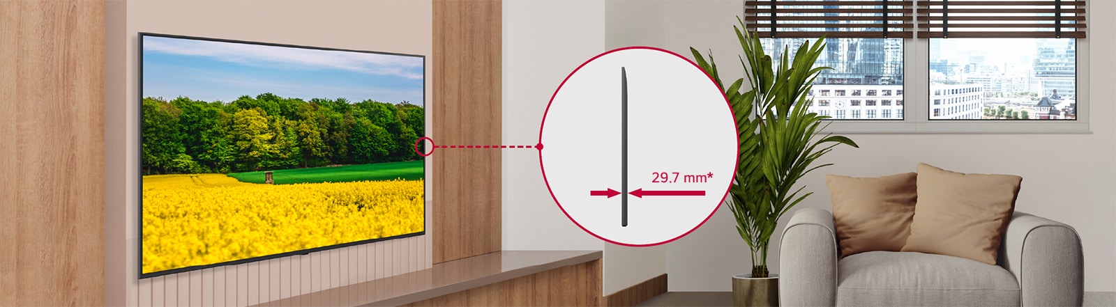The UK767H is seamlessly installed in the hotel room, and a side view is shown to highlight its slim design.