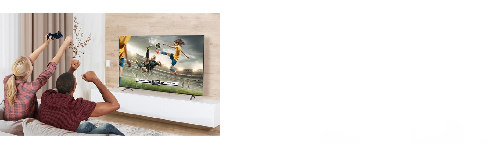 The man and woman are playing games, and the game's scene shown on the TV screen is realistically expressed.