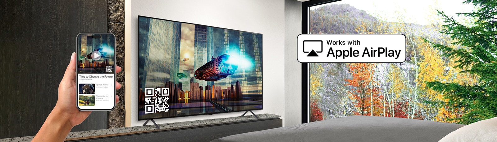 A hotel guest is pairing their iPhone with the in-room TV through AirPlay.