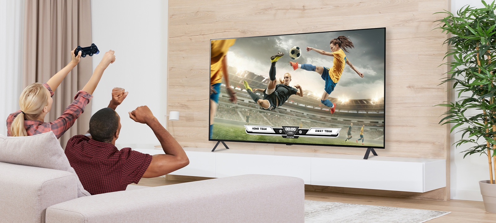 The man and woman are playing games, and the game's scene shown on the TV screen is realistically expressed.