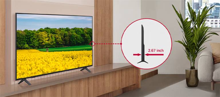 The UK660H is seamlessly installed in the hotel room, and a side view is shown to highlight its slim design.