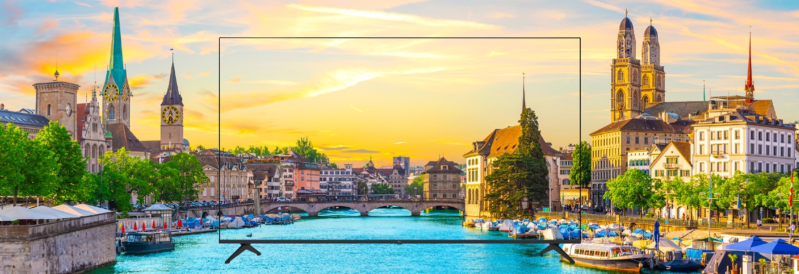 The scenery displayed on the TV screen is vividly rendered, appearing as if it were real.