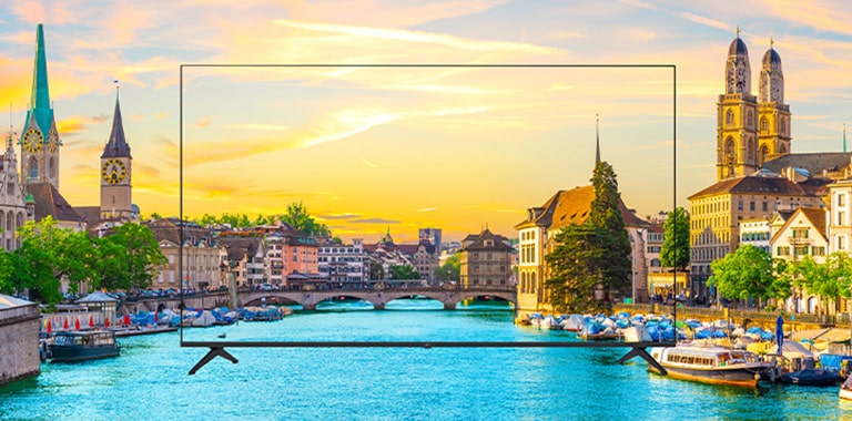 The scenery displayed on the TV screen is vividly rendered, appearing as if it were real.