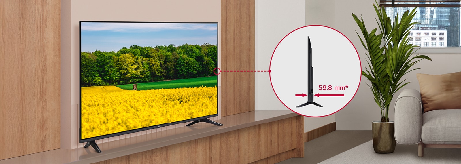 The UA751C is seamlessly installed in the hotel room, and a side view is shown to highlight its slim design.