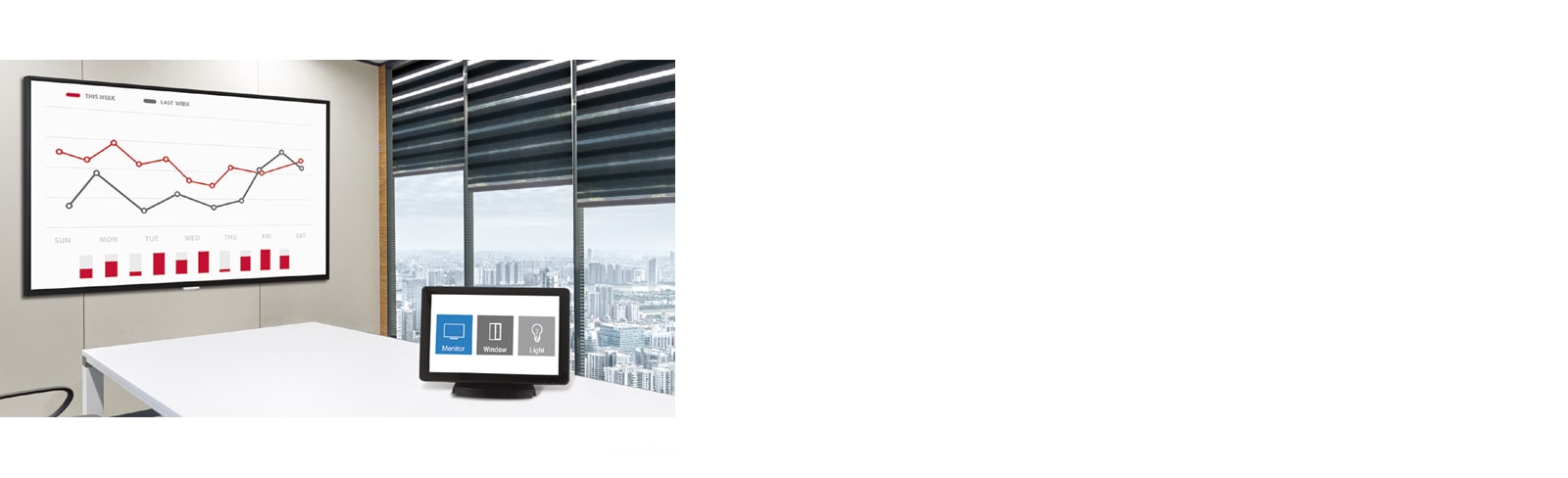 This is one of meeting room with the signage and one of AV control system which helps users control the UM3DG-H series.