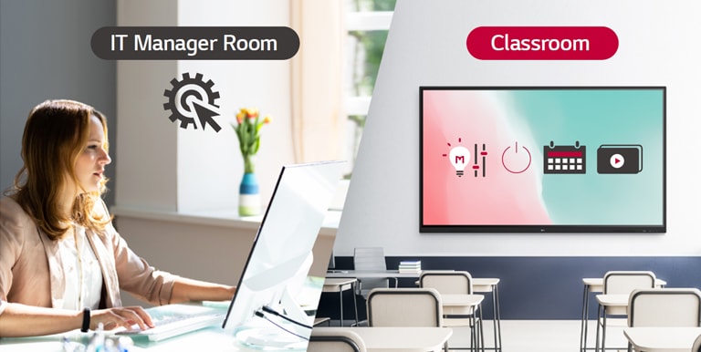 The IT manager can remotely control devices in the classroom such as the power on/off, scheduling, brightness, and screen lock functions.