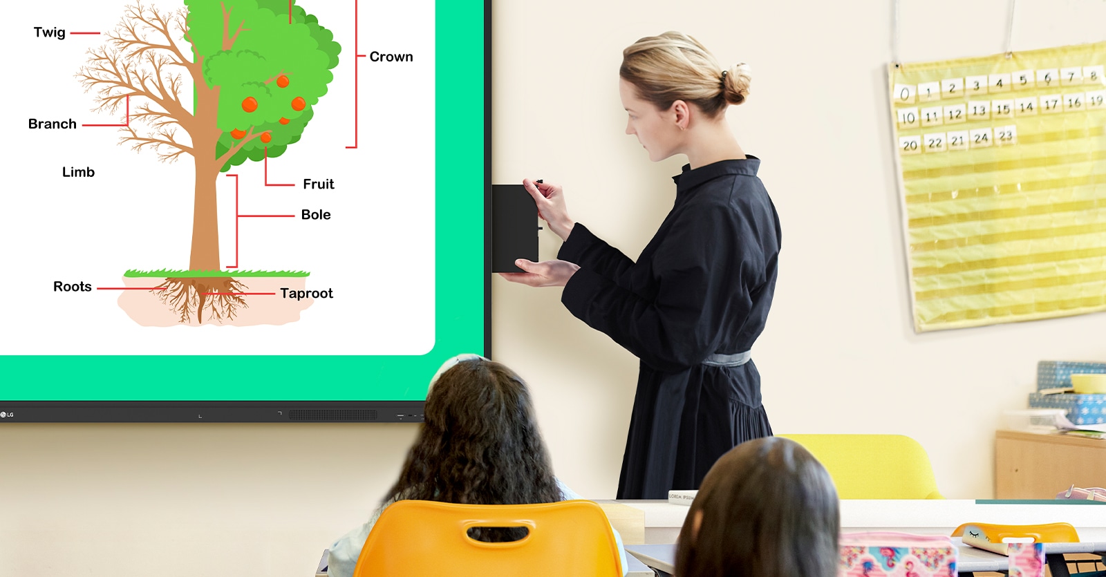 The teacher is conveniently installing OPS onto Interactive Digital Board on the classroom’s wall.