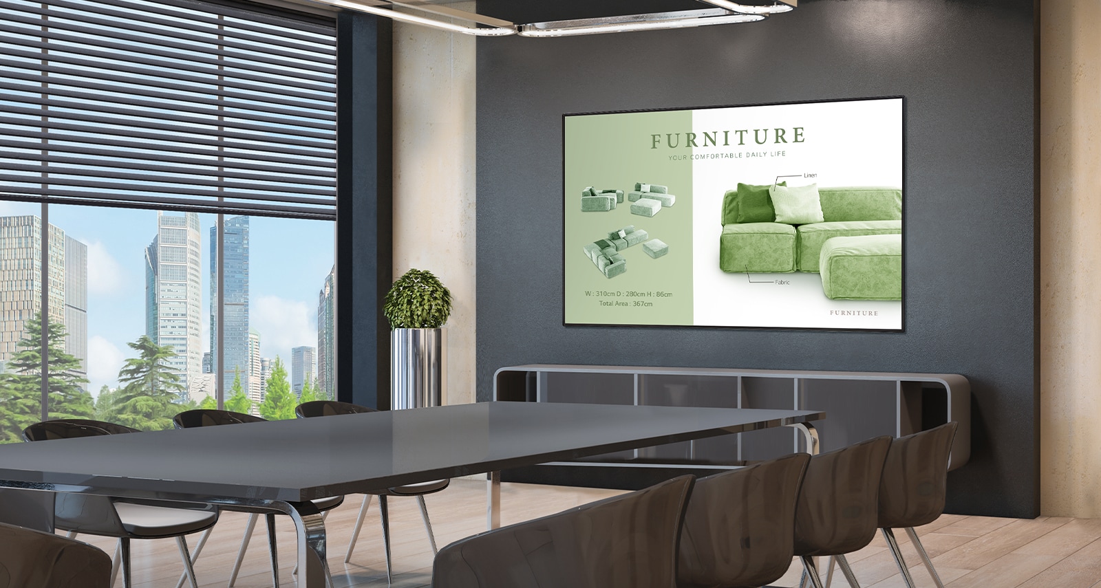 A screen showing the meeting’s contents is installed on the meeting room’s wall.