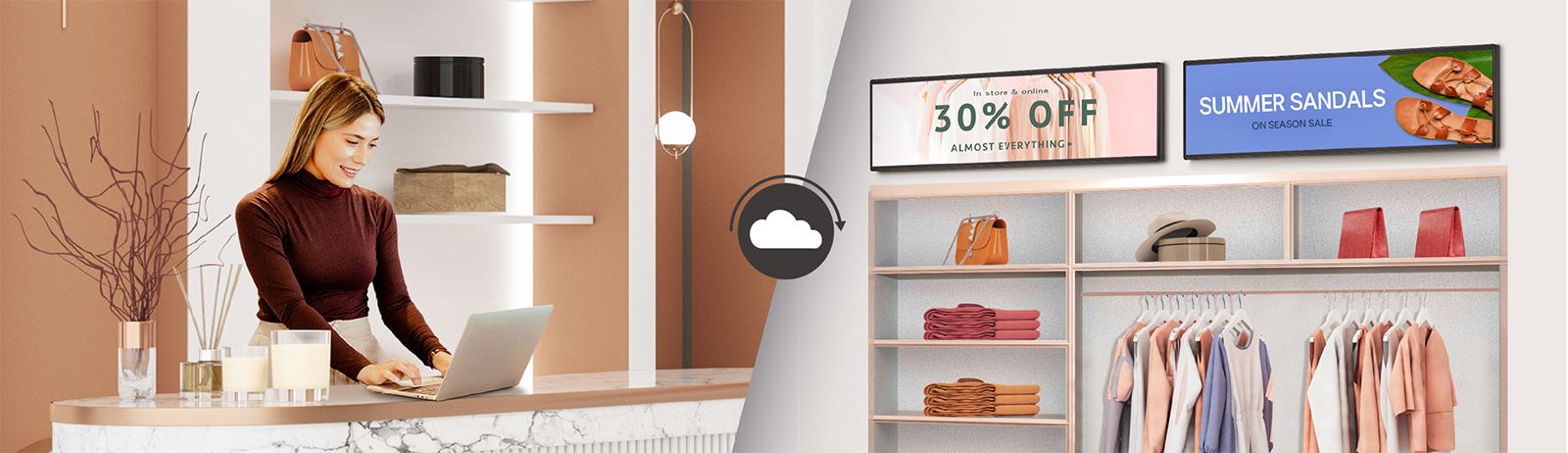 The manager of a clothing store is creating advertisements that will be displayed on the BH7N screen installed on the store wall using content management software, SuperSign.