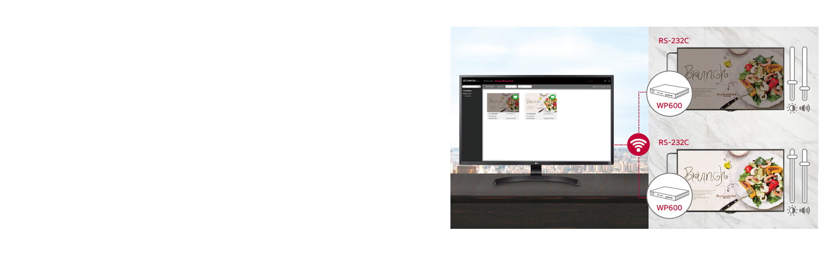 WP600 allows the users to flexibly control the brightness and volume of multiple LG digital signages through RS-232C cable connection.
