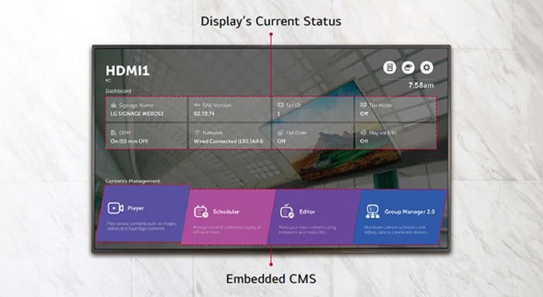 WP600 provides a home menu showing display’s current status and embedded CMS.