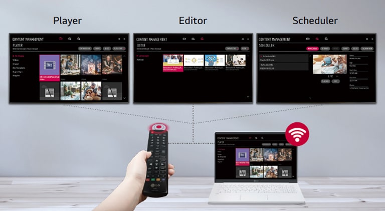 Users can set up players, editors, schedulers, etc. for displays using various devices from remote controls to laptops.