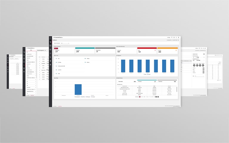 An image listing five screens that can be viewed in the LG ConnectedCare DMS, a device management system.